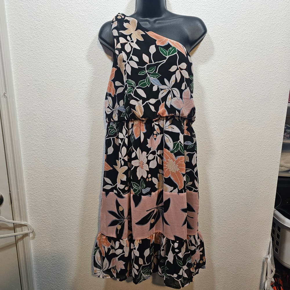 Loft Petites Floral One Shoulder Midi Dress Black Pink Green LP NWT 23659407